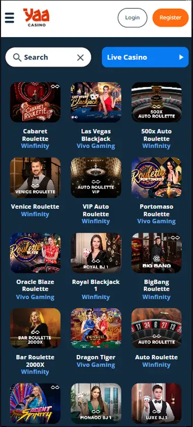 Yaa Casino mobile live casino interface screenshot showing live dealer tables including blackjack and roulette - tested