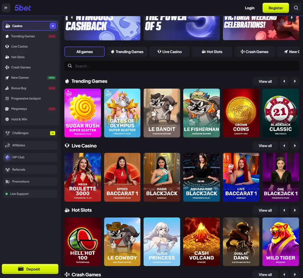 5 Bet Casino desktop homepage screenshot displaying main lobby with featured games, promotions and navigation menu - Tested 5 Bet Casino desktop homepage screenshot displaying main lobby with featured games, promotions and navigation menu - Tested