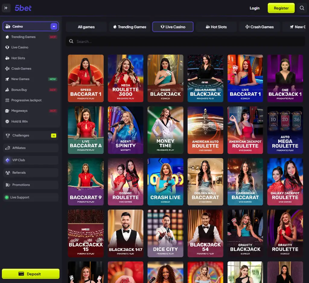 5 Bet Casino desktop live casino lobby screenshot featuring live dealer games and real-time streaming interface - Tested 5 Bet Casino desktop live casino lobby screenshot featuring live dealer games and real-time streaming interface - Tested