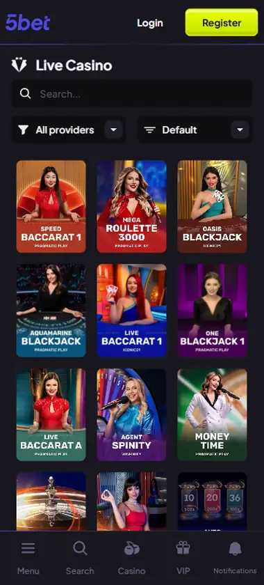 5 Bet Casino mobile live casino interface screenshot showing live dealer tables including blackjack and roulette - Tested 5 Bet Casino mobile live casino interface screenshot showing live dealer tables including blackjack and roulette - Tested