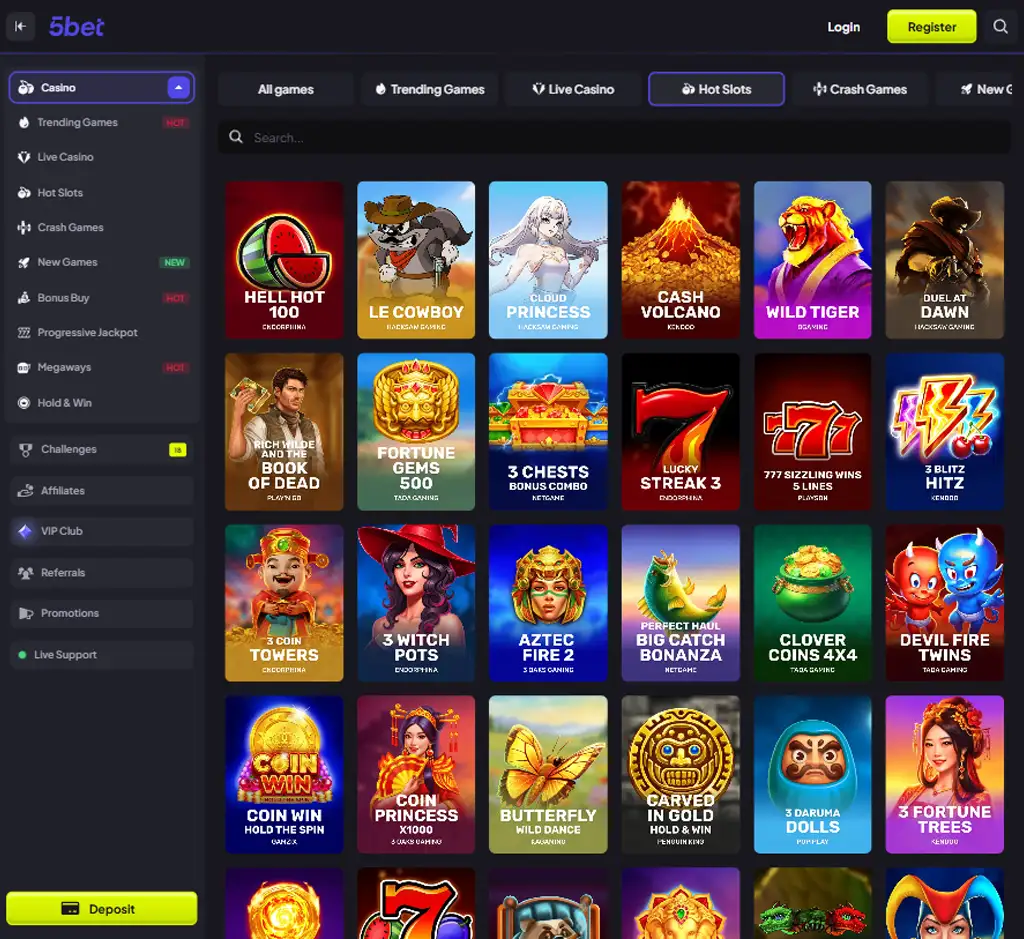 5 Bet Casino desktop slots lobby screenshot presenting variety of slot games with categories and providers - Tested 5 Bet Casino desktop slots lobby screenshot presenting variety of slot games with categories and providers - Tested