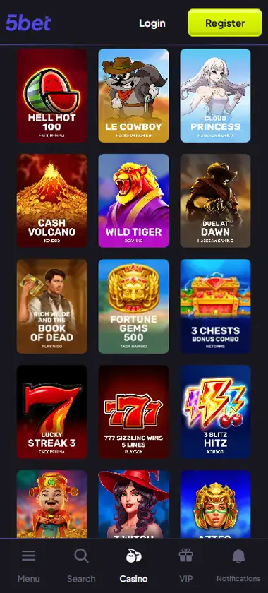 5 Bet Casino mobile slots lobby screenshot presenting variety of slot games with categories and providers - Tested 5 Bet Casino mobile slots lobby screenshot presenting variety of slot games with categories and providers - Tested