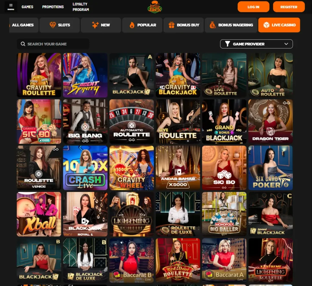 Hidden Jack Casino desktop live casino screenshot displaying live dealer tables, streaming interface, and game selection grid on widescreen layout - tested