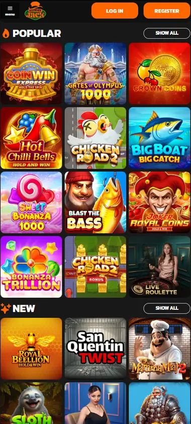 Hidden Jack Casino mobile popular games screenshot showing featured titles, trending slots, and categorized game selection on smartphone interface - tested