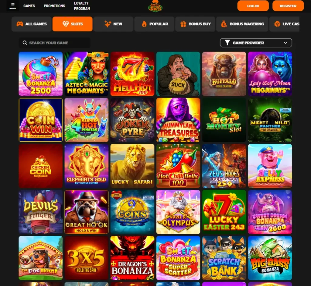 Hidden Jack Casino desktop slots screenshot displaying full game library with categories, featured slots, and filtering options on widescreen interface - tested