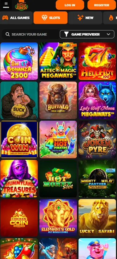 Hidden Jack Casino mobile slots screenshot showing slot game library with featured titles, categories, and scrollable navigation on smartphone interface - tested