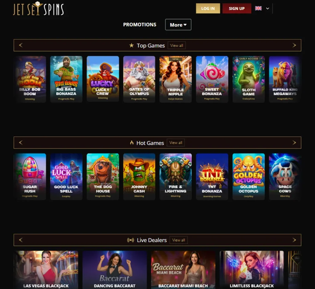 JetSet Spins Casino desktop homepage screenshot displaying hero banners, navigation menu, featured games, and promotional sections on widescreen interface - tested