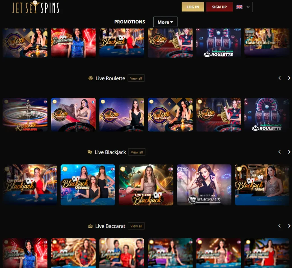 JetSet Spins Casino desktop live casino screenshot displaying live dealer tables, streaming interface, and game selection grid on widescreen layout - tested