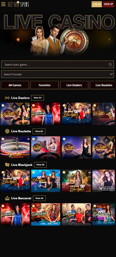 JetSet Spins Casino mobile live casino screenshot showing live dealer tables, game thumbnails, and lobby navigation on smartphone interface - tested JetSet Spins Casino mobile live casino screenshot showing live dealer tables, game thumbnails, and lobby navigation on smartphone interface - tested