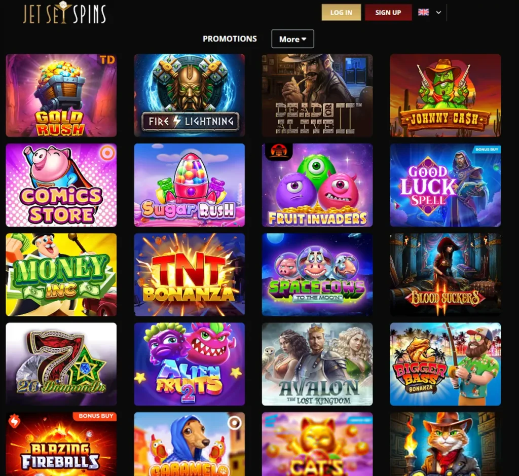JetSet Spins Casino desktop slots screenshot displaying full game library with categories, featured slots, and filtering options on widescreen interface - tested JetSet Spins Casino desktop slots screenshot displaying full game library with categories, featured slots, and filtering options on widescreen interface - tested