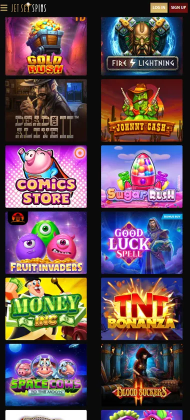 JetSet Spins Casino mobile slots screenshot showing slot game library with featured titles, categories, and scrollable navigation on smartphone interface - tested JetSet Spins Casino mobile slots screenshot showing slot game library with featured titles, categories, and scrollable navigation on smartphone interface - tested