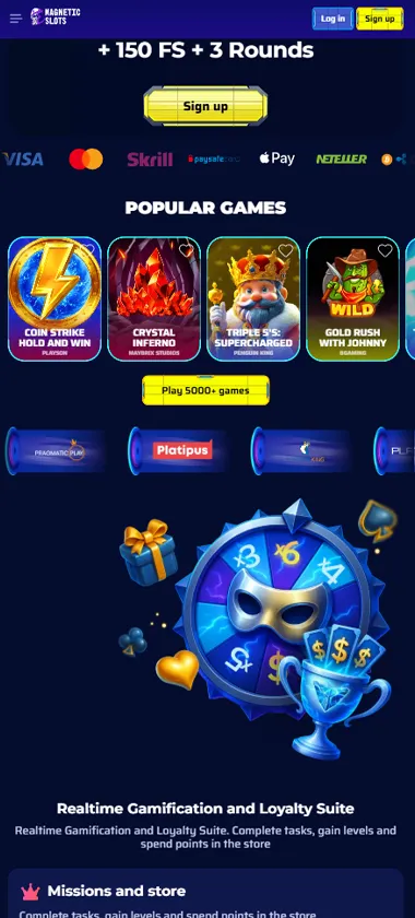 Magnetic Slots Casino mobile homepage screenshot showing hero banners, navigation menu, featured games, and promotional sections on smartphone interface - tested