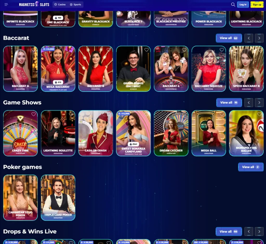 Magnetic Slots Casino desktop live casino screenshot displaying live dealer tables, streaming interface, and game selection grid on widescreen layout - tested
