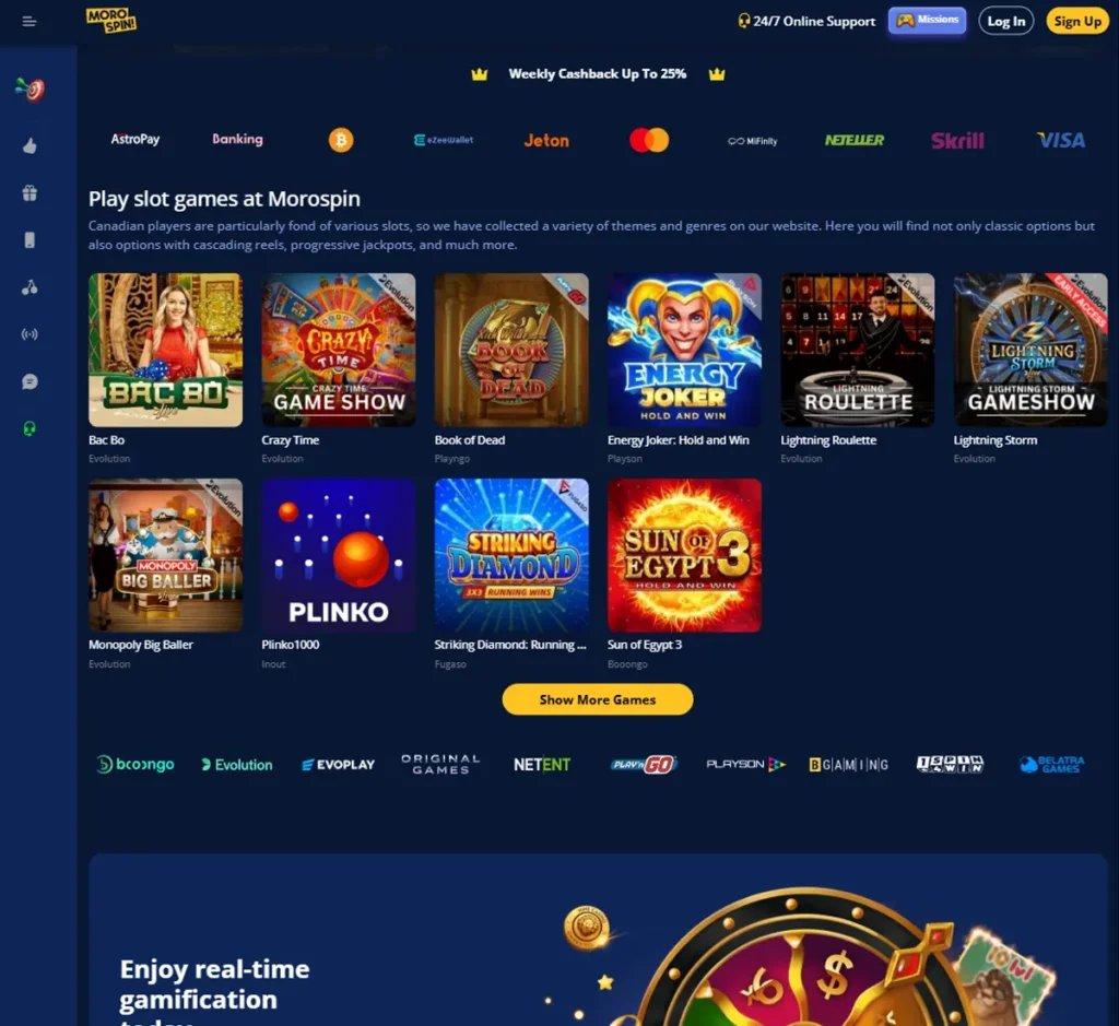 MoroSpin Casino desktop homepage screenshot displaying hero banners, navigation menu, featured games, and promotional sections on widescreen interface - tested