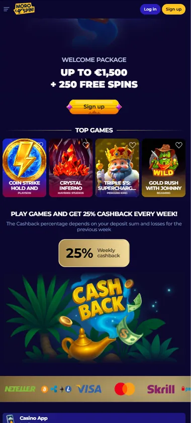 MoroSpin Casino mobile homepage screenshot showing hero banners, navigation menu, featured games, and promotional sections on smartphone interface - tested