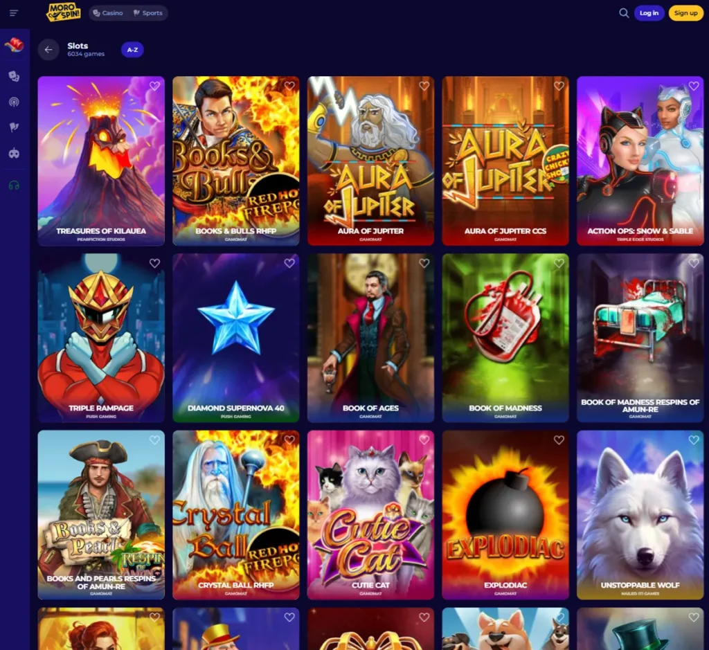 MoroSpin Casino desktop slots screenshot displaying full game library with categories, featured slots, and filtering options on widescreen interface - tested
