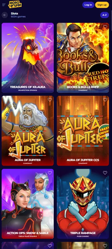 MoroSpin Casino mobile slots screenshot showing slot game library with featured titles, categories, and scrollable navigation on smartphone interface - tested