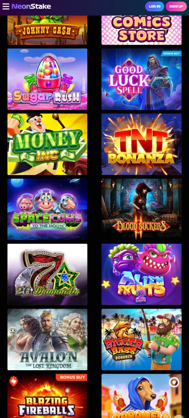 Neonstake Casino mobile slots screenshot showing slot game library with featured titles, categories, and scrollable navigation on smartphone interface - tested