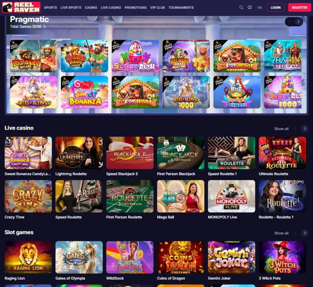ReelRaven Casino desktop homepage screenshot displaying hero banners, navigation menu, featured games, and promotional sections on widescreen interface - tested