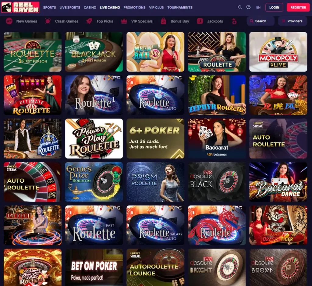 ReelRaven Casino desktop live casino screenshot displaying live dealer tables, streaming interface, and game selection grid on widescreen layout - tested