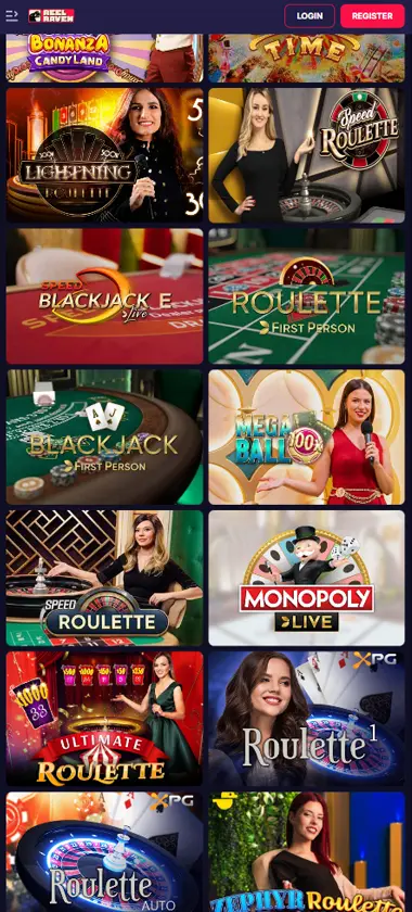 ReelRaven Casino mobile live casino screenshot showing live dealer tables, game thumbnails, and lobby navigation on smartphone interface - tested