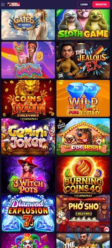 ReelRaven Casino mobile slots screenshot showing slot game library with featured titles, categories, and scrollable navigation on smartphone interface - tested