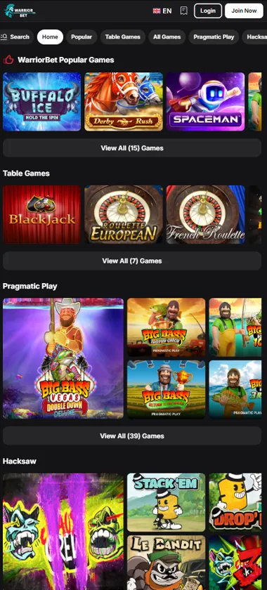 WarriorBet Casino mobile homepage screenshot showing hero banners, navigation menu, featured games, and promotional sections on smartphone interface - tested