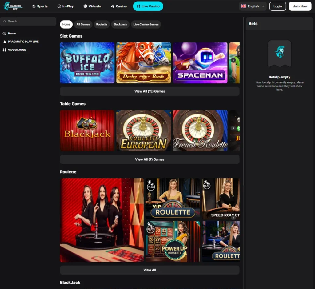 WarriorBet Casino desktop live casino screenshot displaying live dealer tables, streaming interface, and game selection grid on widescreen layout - tested