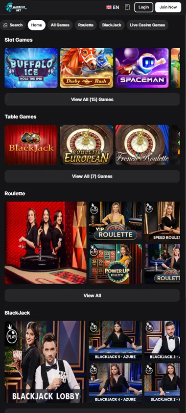 WarriorBet Casino mobile live casino screenshot showing live dealer tables, game thumbnails, and lobby navigation on smartphone interface - tested