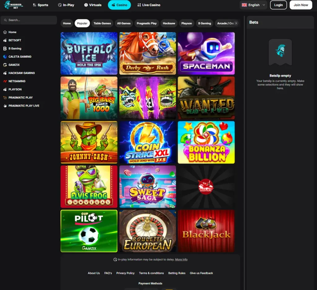 WarriorBet Casino desktop popular games screenshot displaying trending titles, featured games, and categorized selection on widescreen interface - tested