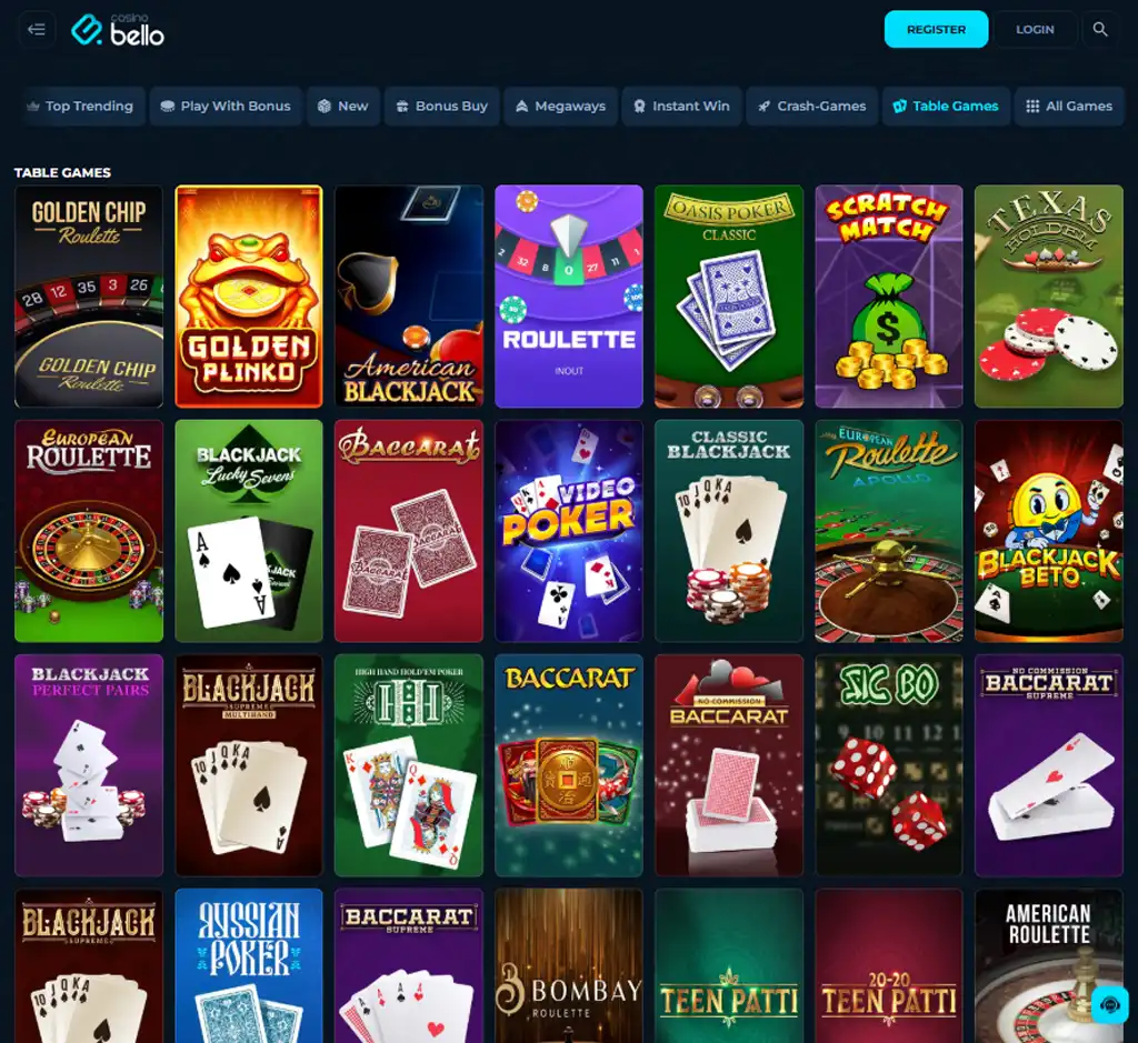 Casino bello desktop table games lobby screenshot displaying classic games such as blackjack, roulette and baccarat - tested