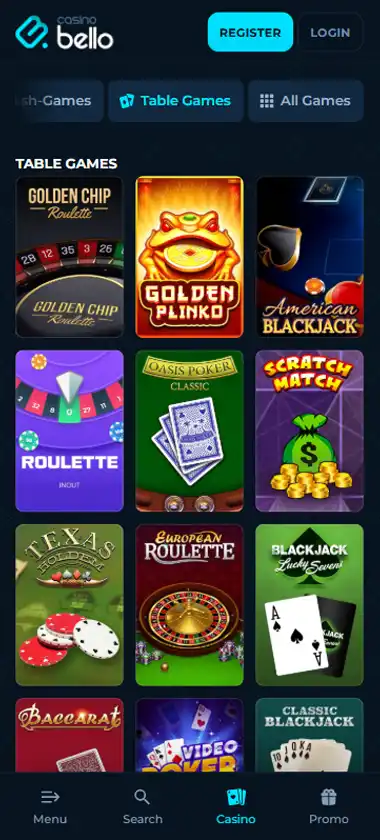 Casino bello mobile table games lobby screenshot displaying classic games such as blackjack, roulette and baccarat - tested