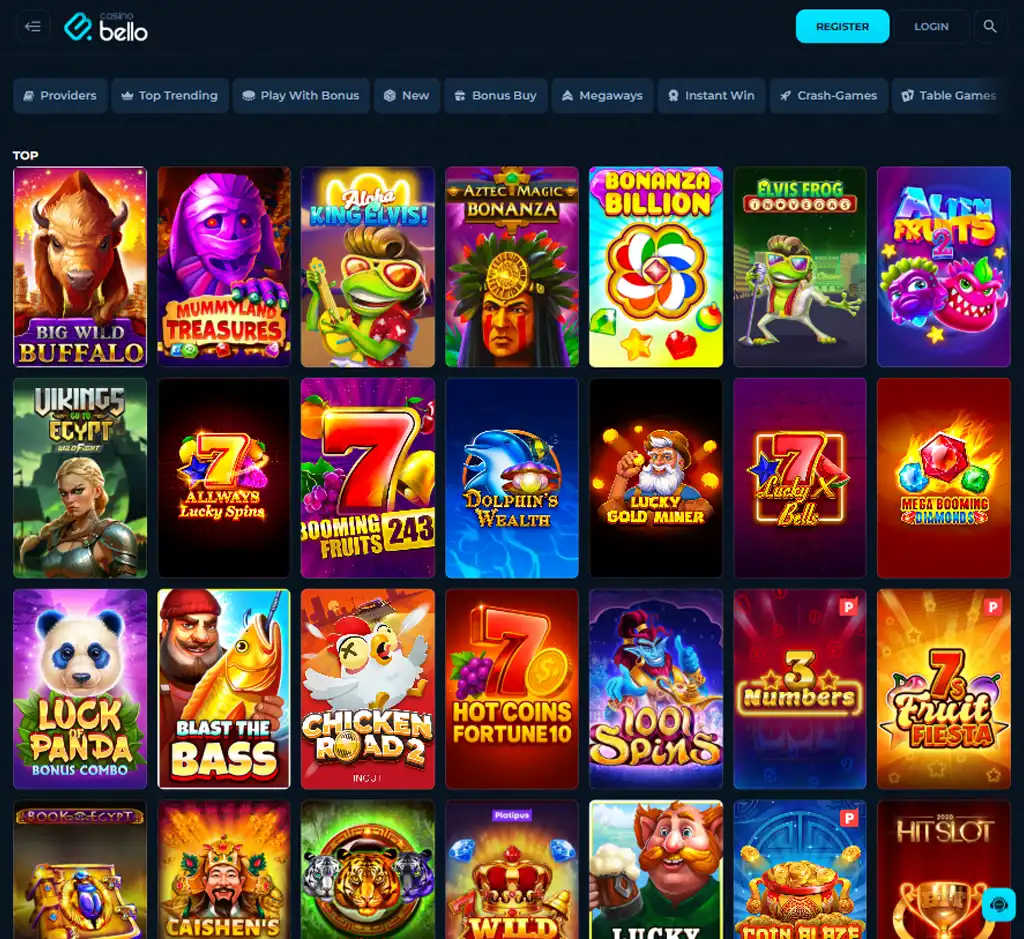 Casino Bello desktop top games screenshot displaying main lobby with featured games, promotions and navigation menu - tested