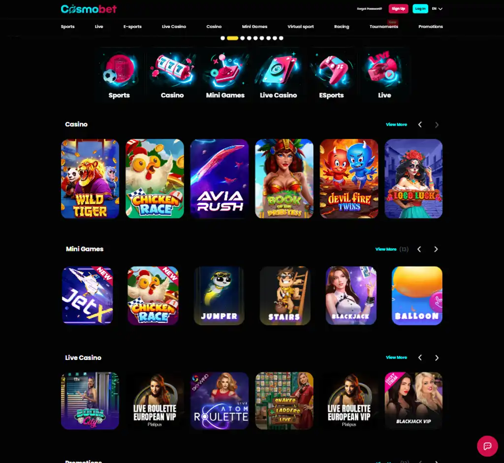 Cosmobet Casino desktop homepage screenshot displaying main lobby with featured games, promotions and navigation menu - tested