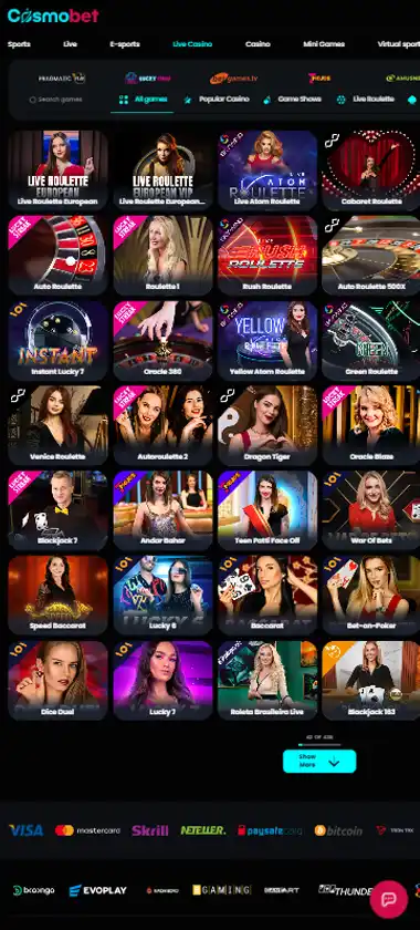Cosmobet Casino mobile live casino interface screenshot showing live dealer tables including blackjack and roulette - tested
