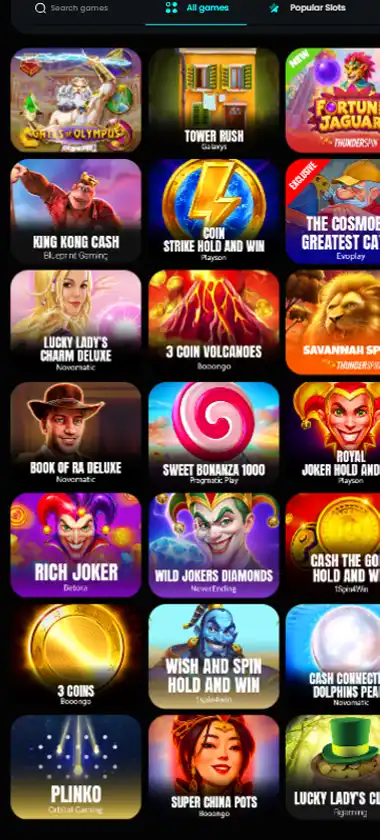 Cosmobet Casino mobile slots interface screenshot showing slot game selection with popular titles and filtering options - Tested
