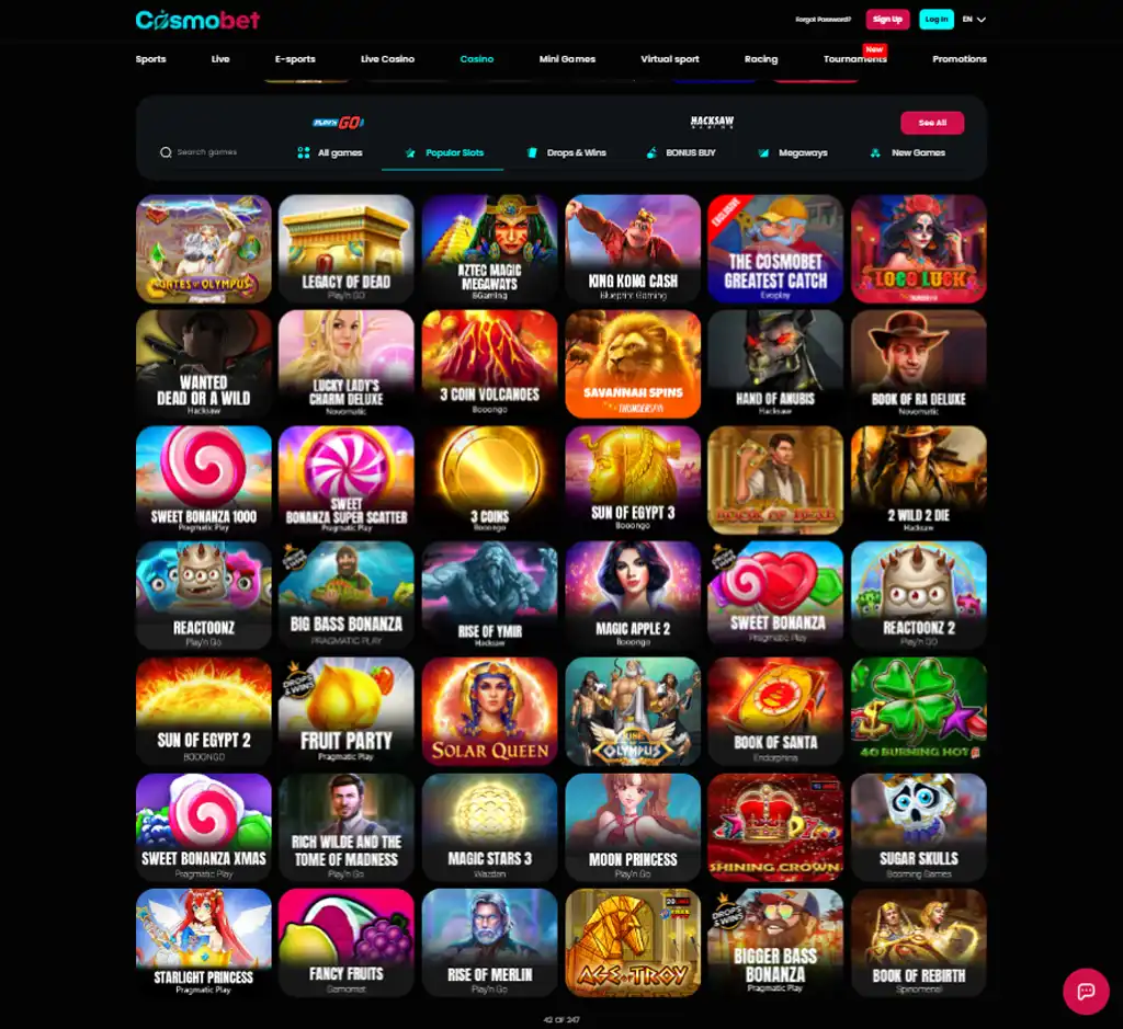 Cosmobet Casino desktop slots lobby screenshot presenting variety of slot games with categories and providers - Tested