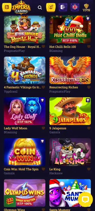 Emperia Casino mobile slots interface screenshot showing slot game selection with popular titles and filtering options - captured during platform testing
