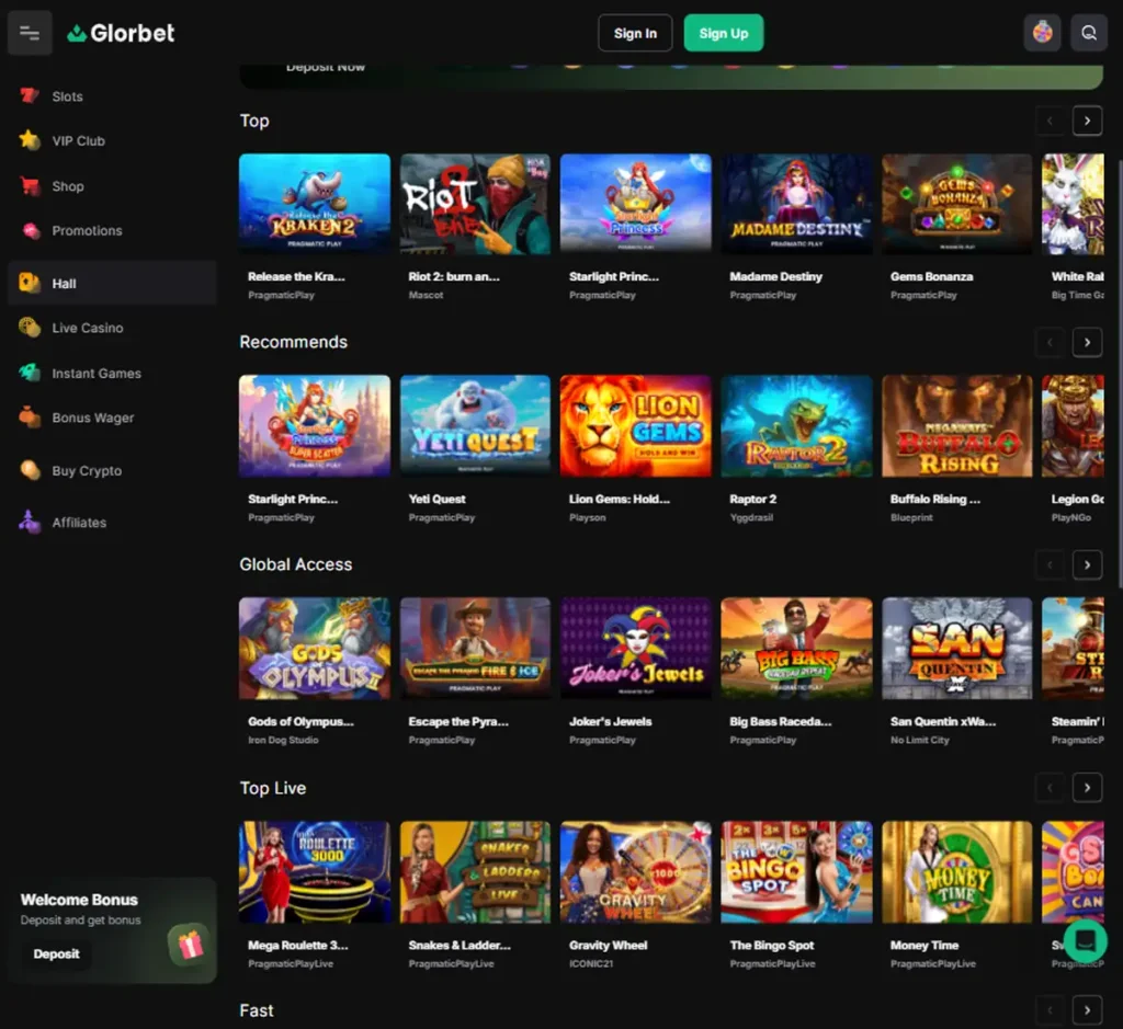 Glorbet Casino desktop homepage screenshot displaying main lobby with featured games, promotions and navigation menu - Tested