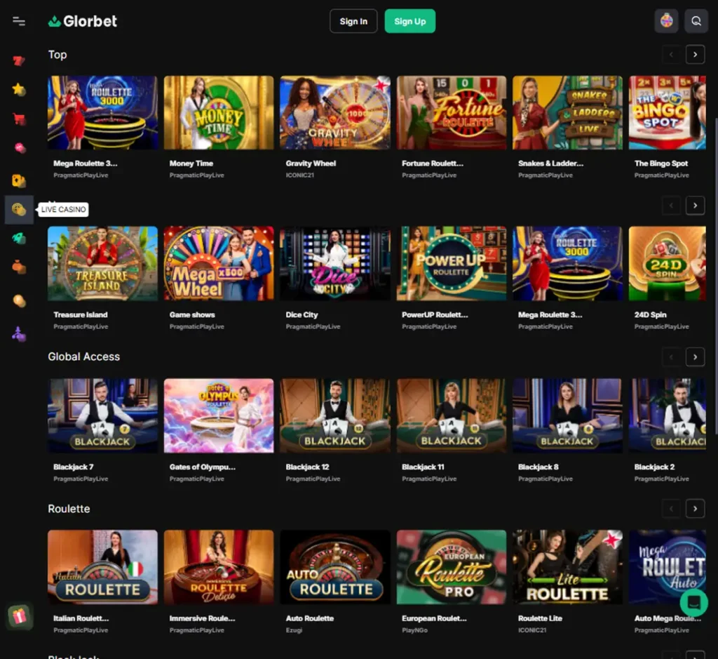 Glorbet Casino desktop live casino lobby screenshot featuring live dealer games and real-time streaming interface - Tested