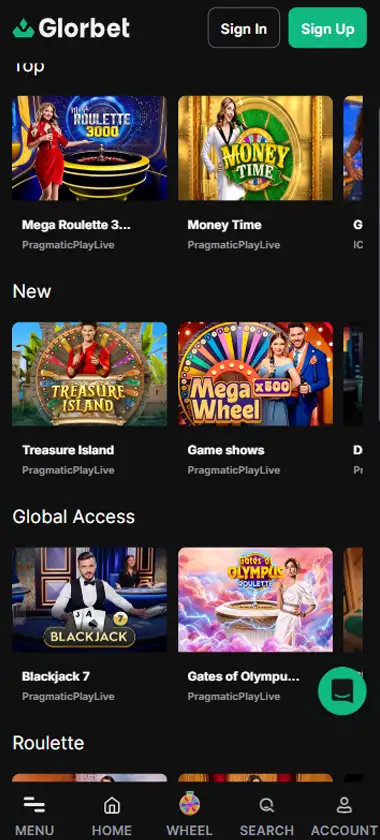 Glorbet Casino mobile live casino interface screenshot showing live dealer tables including blackjack and roulette - Tested