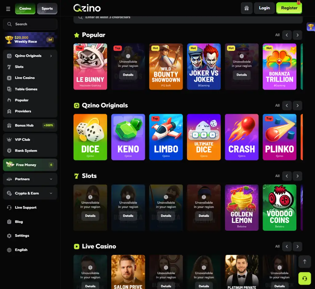 Qzino Casino desktop homepage screenshot displaying main lobby with featured games, promotions and navigation menu - tested