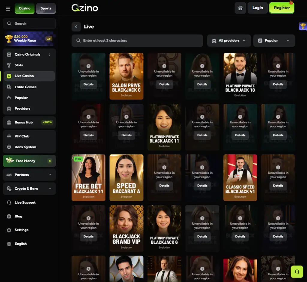 Qzino Casino desktop live casino lobby screenshot featuring live dealer games and real-time streaming interface - Testing