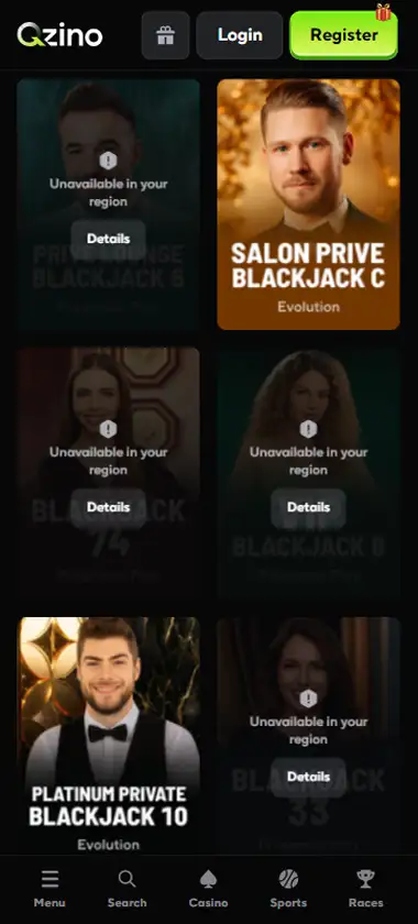 Qzino Casino mobile live casino interface screenshot showing live dealer tables including blackjack and roulette - tested