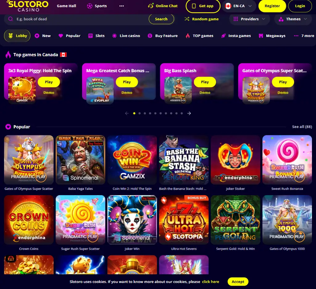 Slotoro Casino desktop homepage screenshot displaying main lobby with featured games, promotions and navigation menu - tested