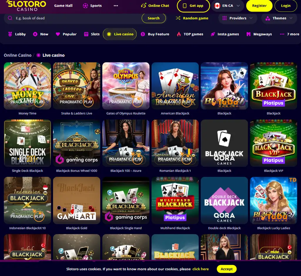 Slotoro Casino desktop live casino lobby screenshot featuring live dealer games and real-time streaming interface - review testing