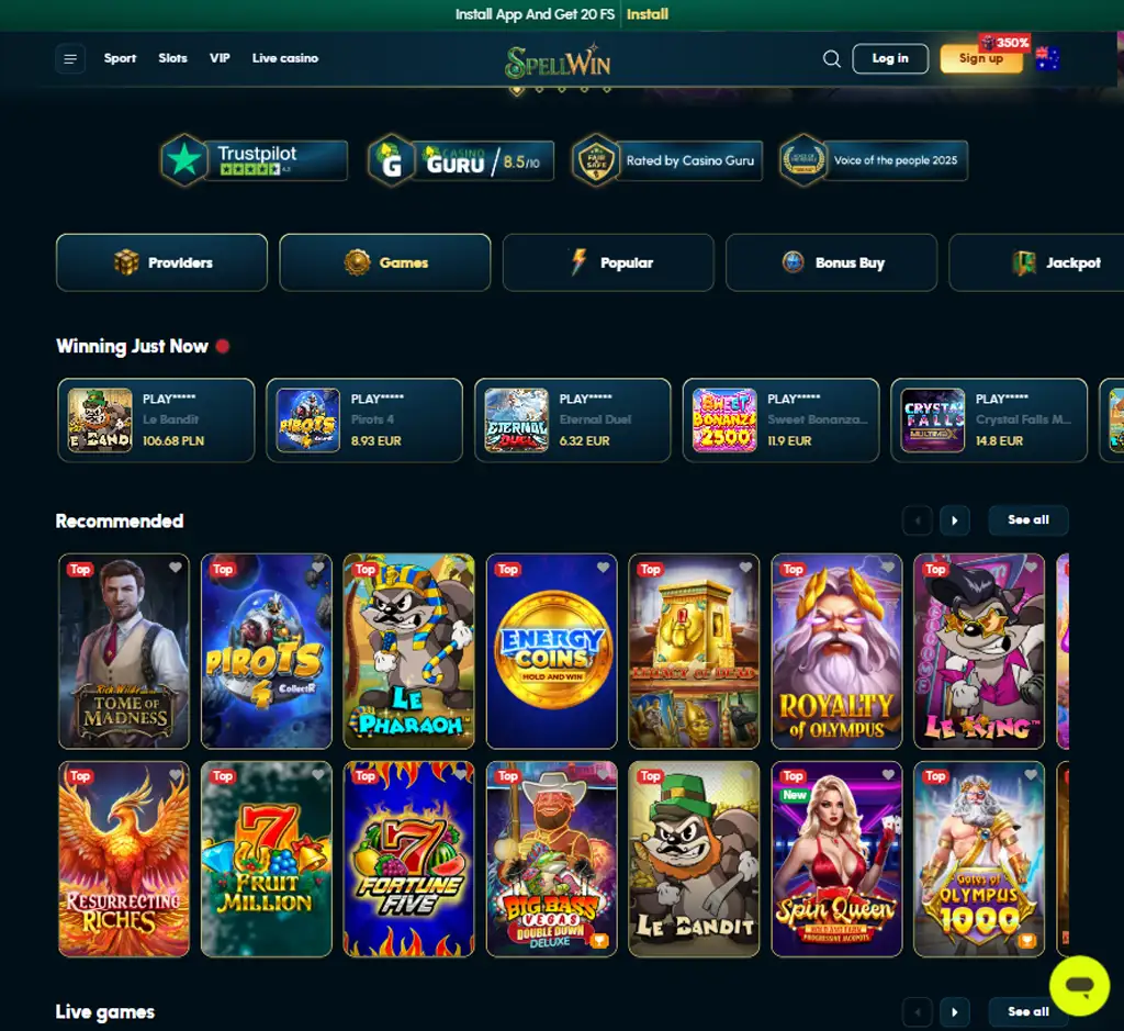 Spellwin Casino desktop homepage screenshot displaying main lobby with featured games, promotions and navigation menu - tested