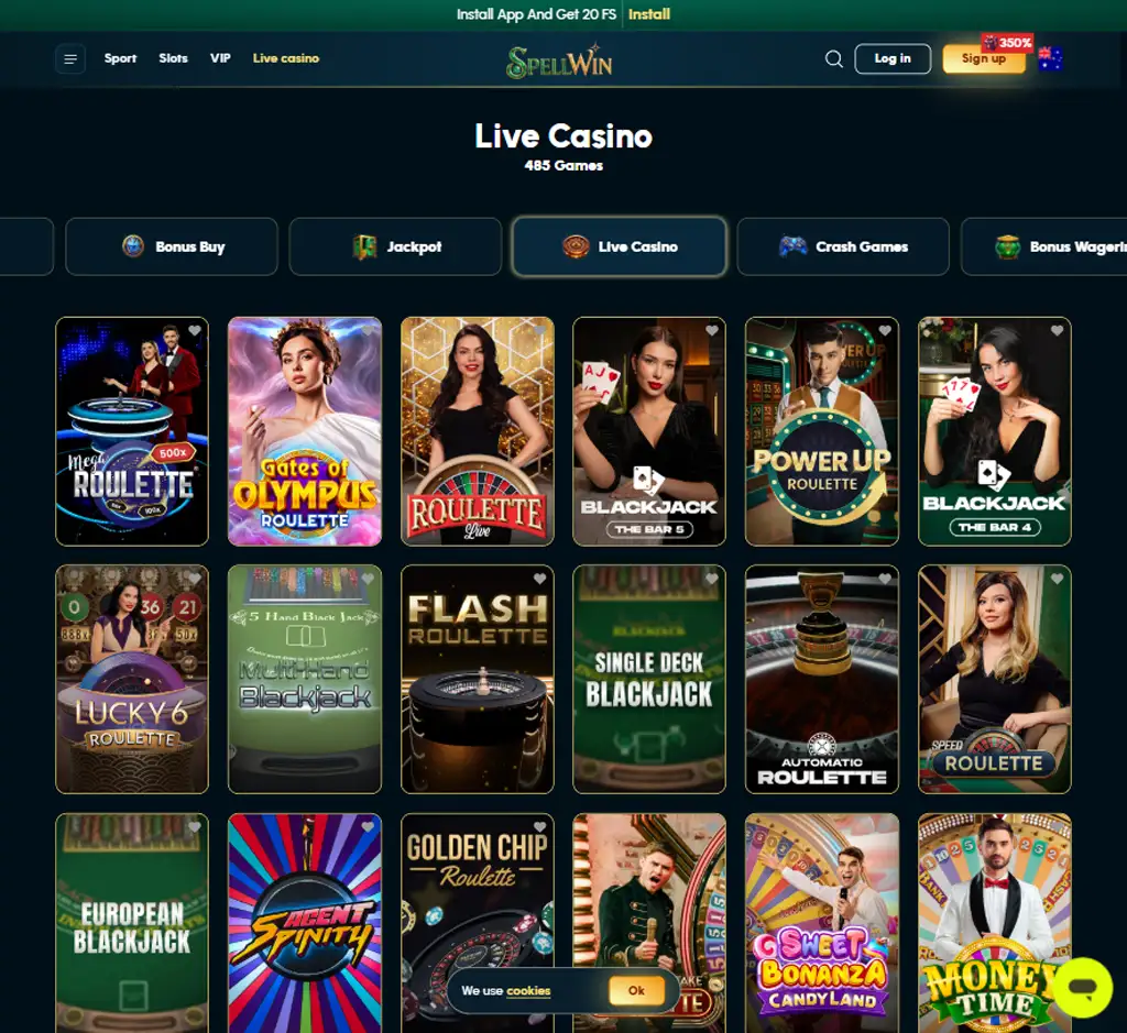 Spellwin Casino desktop live casino lobby screenshot featuring live dealer games and real-time streaming interface - review testing