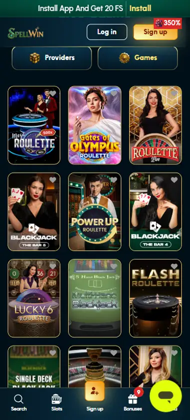Spellwin Casino mobile live casino interface screenshot showing live dealer tables including blackjack and roulette - tested