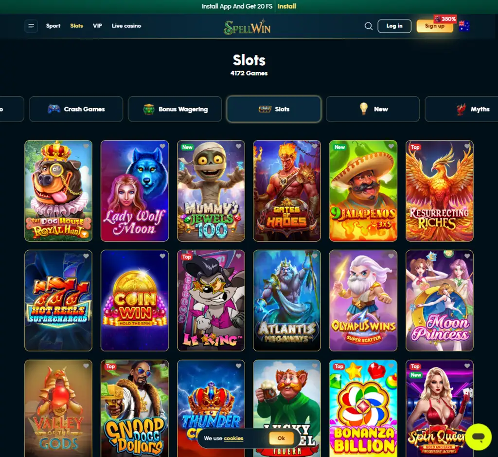 Spellwin Casino desktop slots lobby screenshot presenting variety of slot games with categories and providers - verified